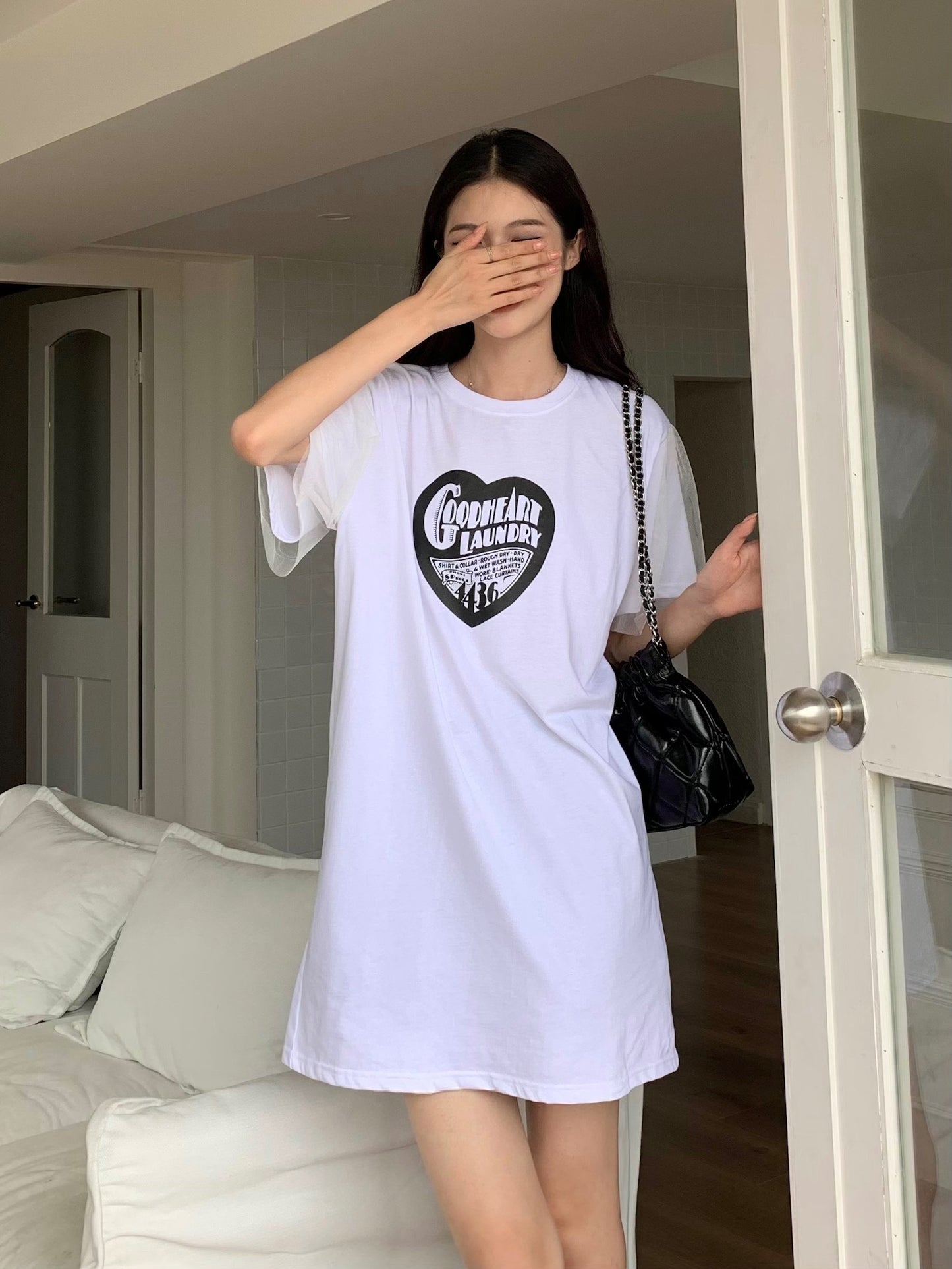 H02123 Logo紗袖連身Tee