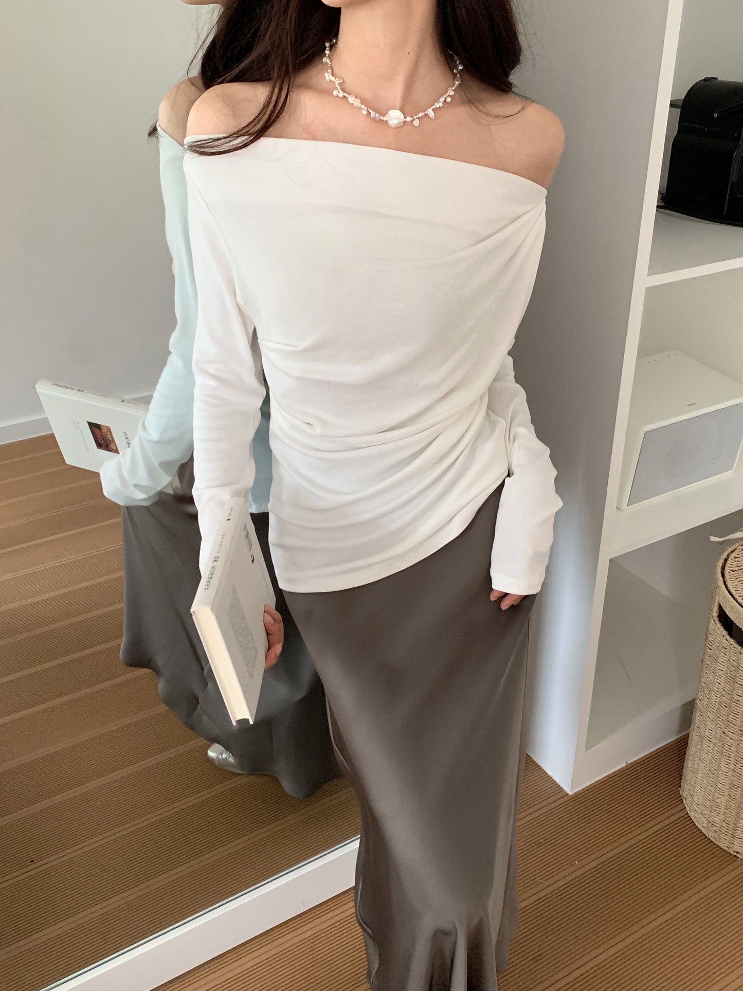 Off-shoulder pleated blouse