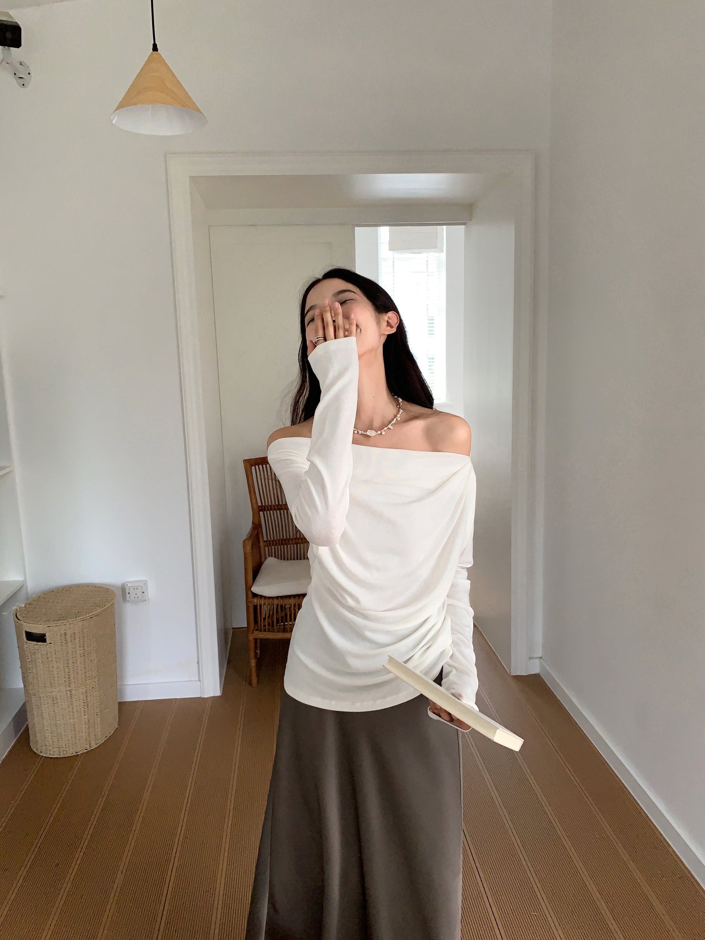 Off-shoulder pleated blouse