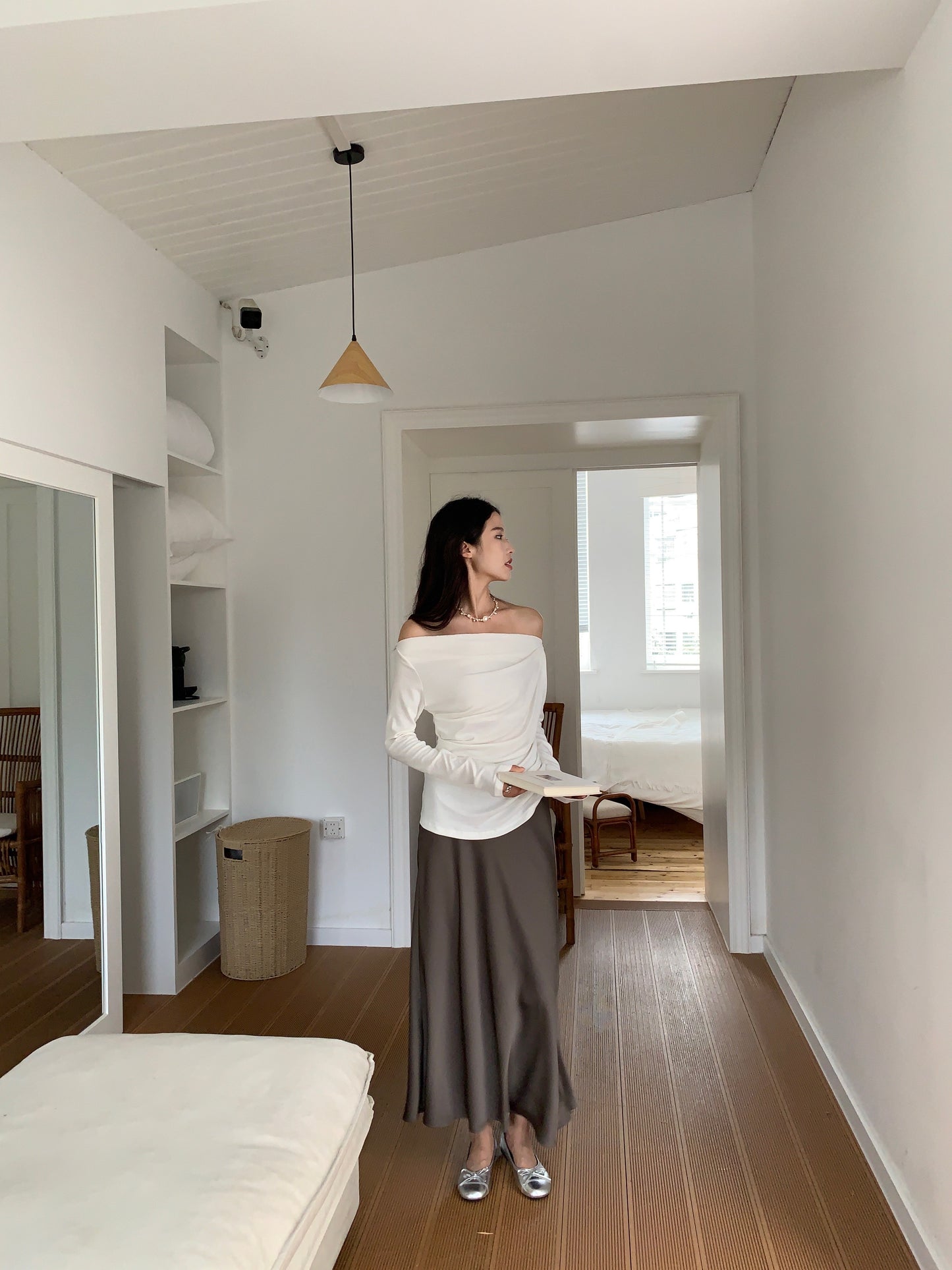 Off-shoulder pleated blouse