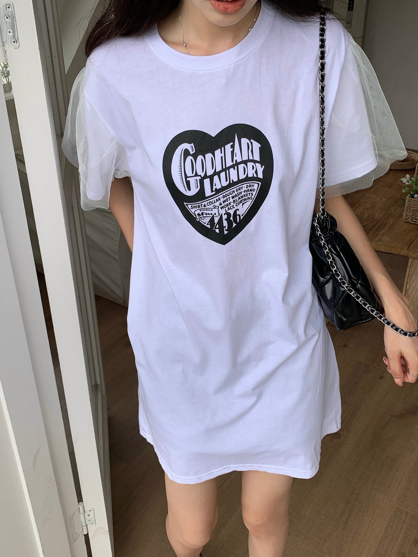 H02123 Logo紗袖連身Tee