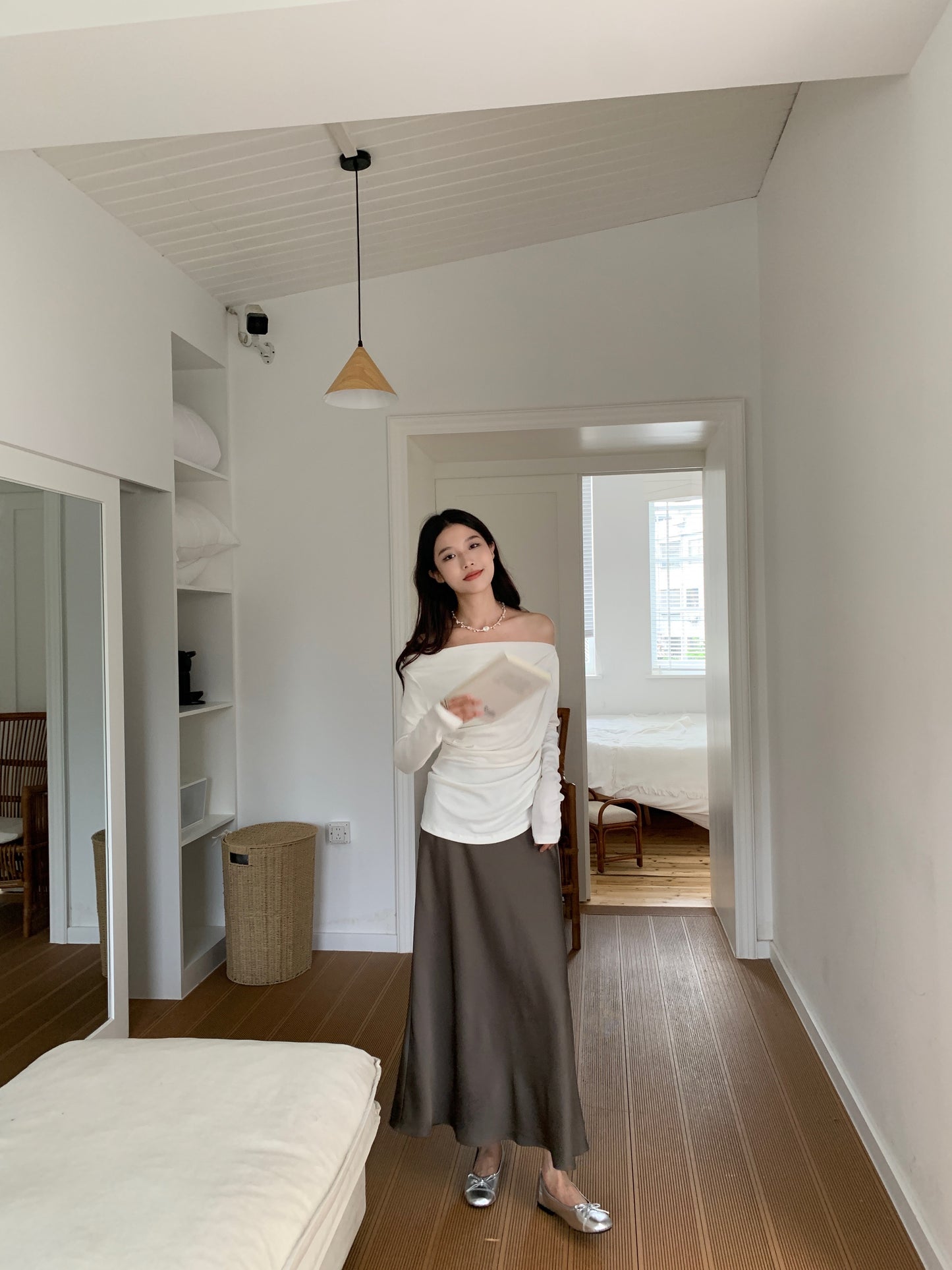 Off-shoulder pleated blouse