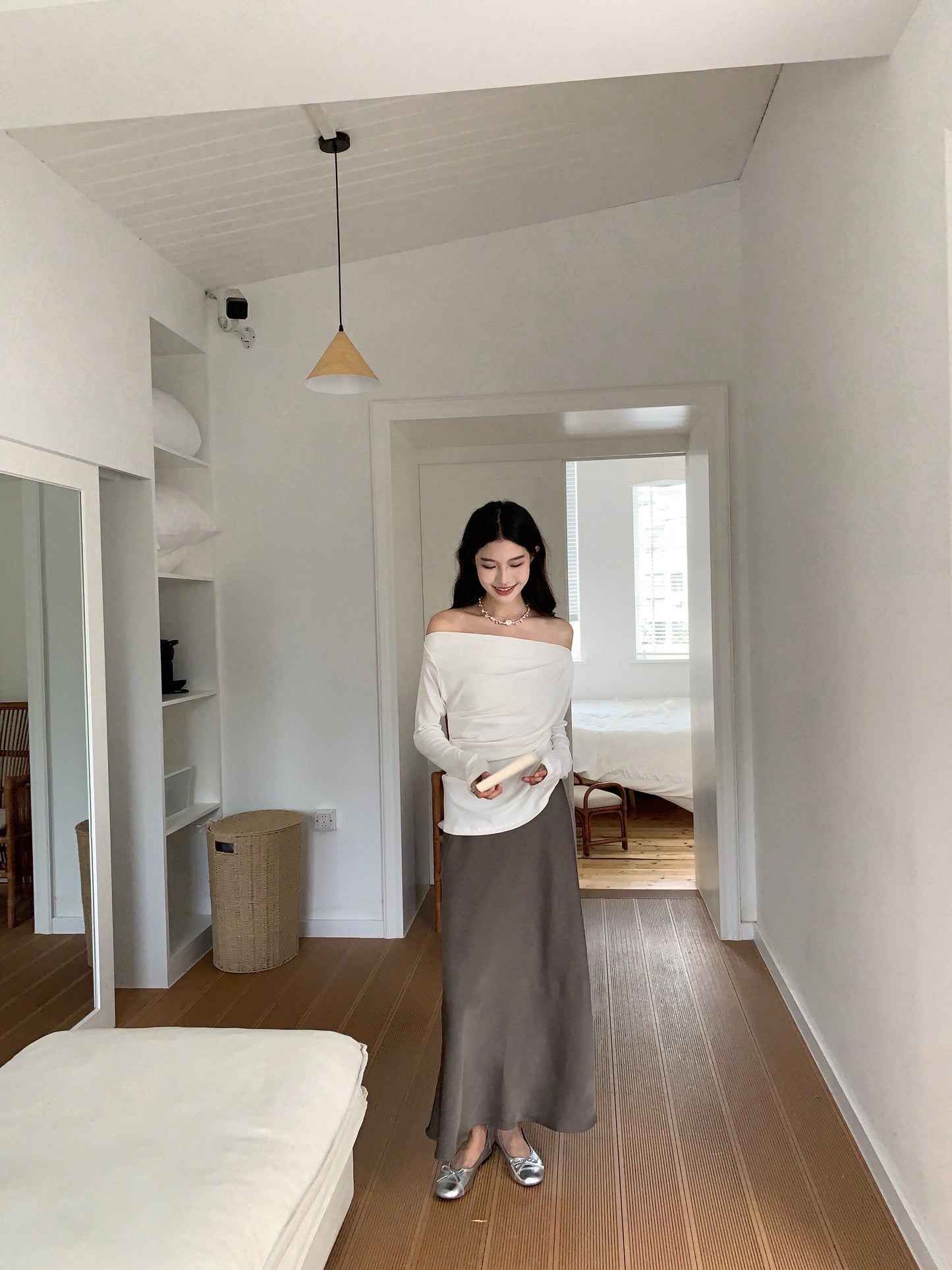 Off-shoulder pleated blouse