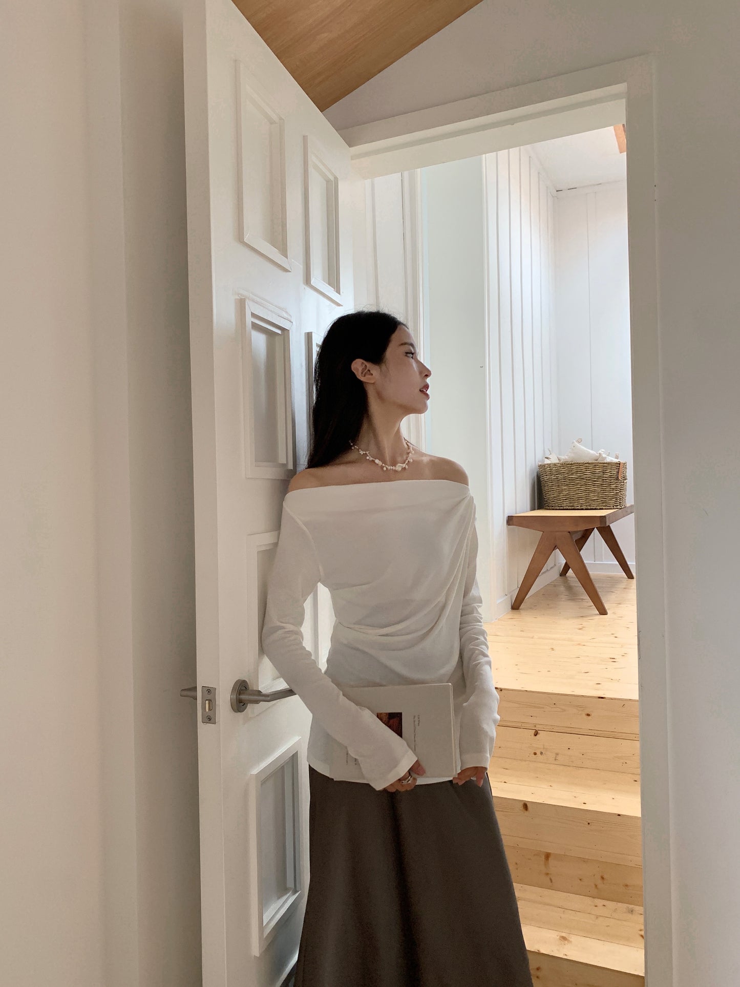 Off-shoulder pleated blouse