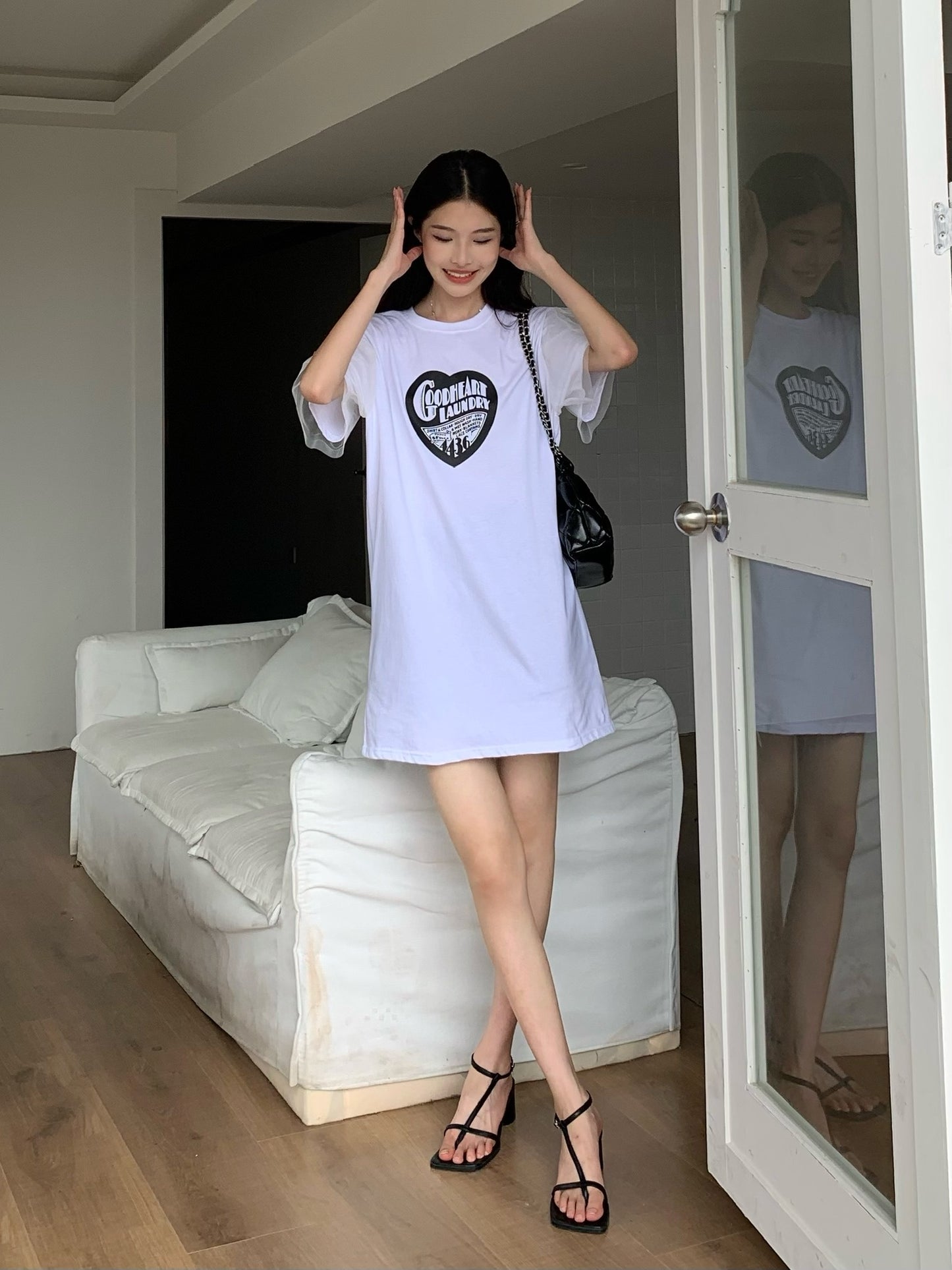 H02123 Logo紗袖連身Tee