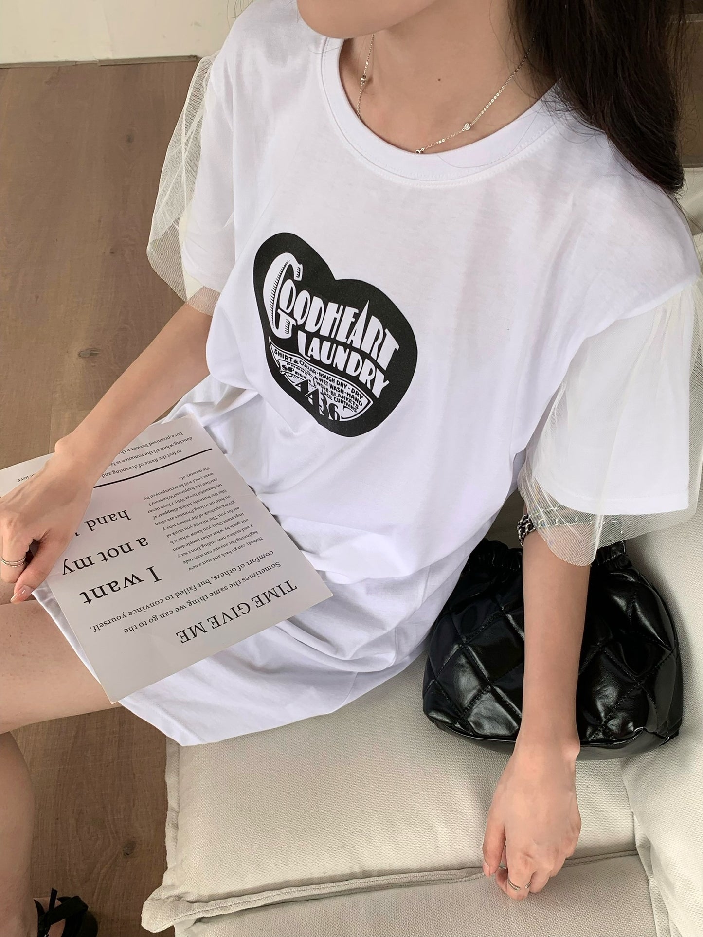 H02123 Logo紗袖連身Tee