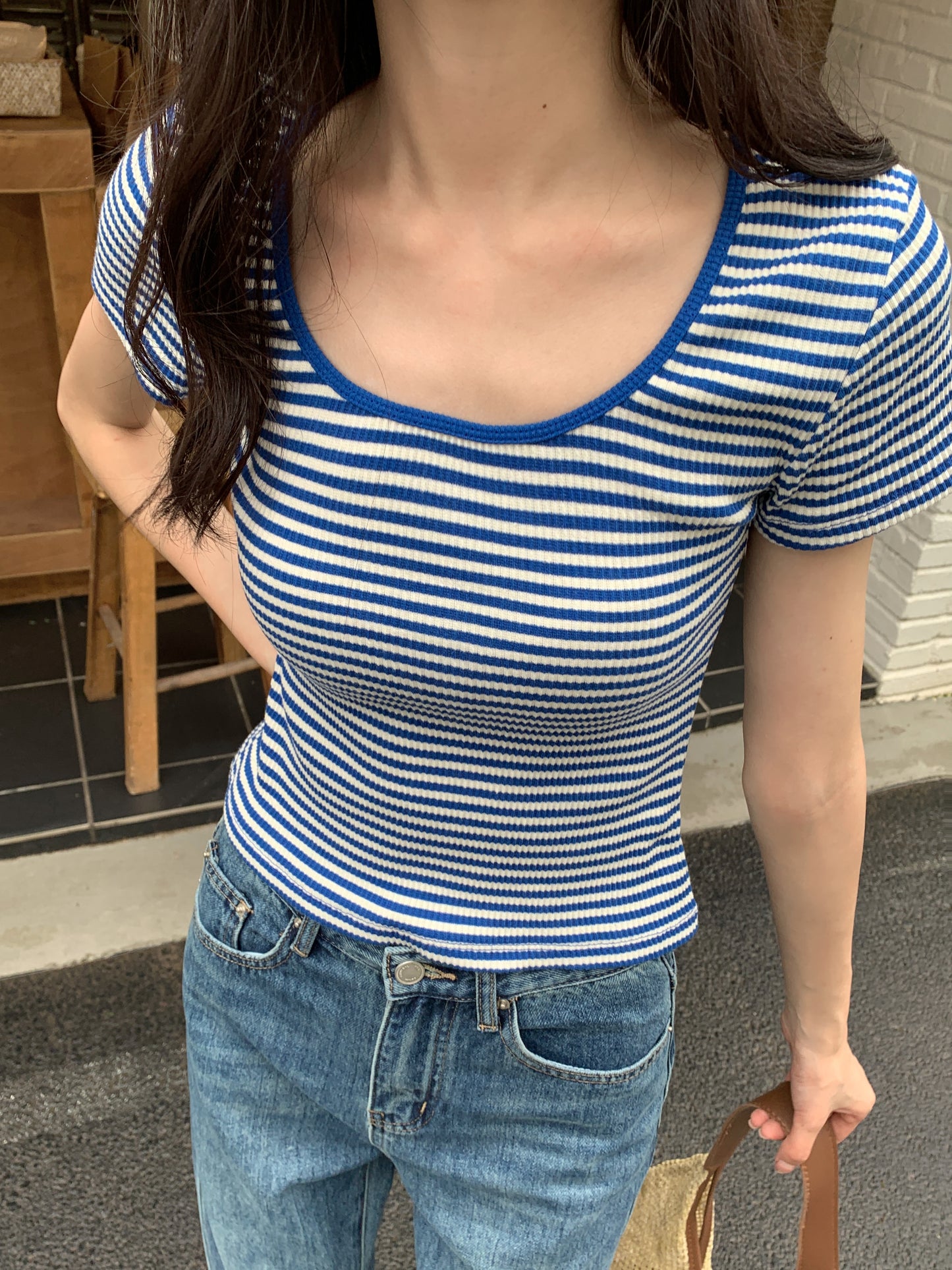 H01244 Bottom collar striped tee
