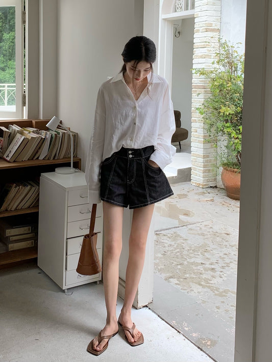 H02128 車線高腰雙鈕牛仔短褲