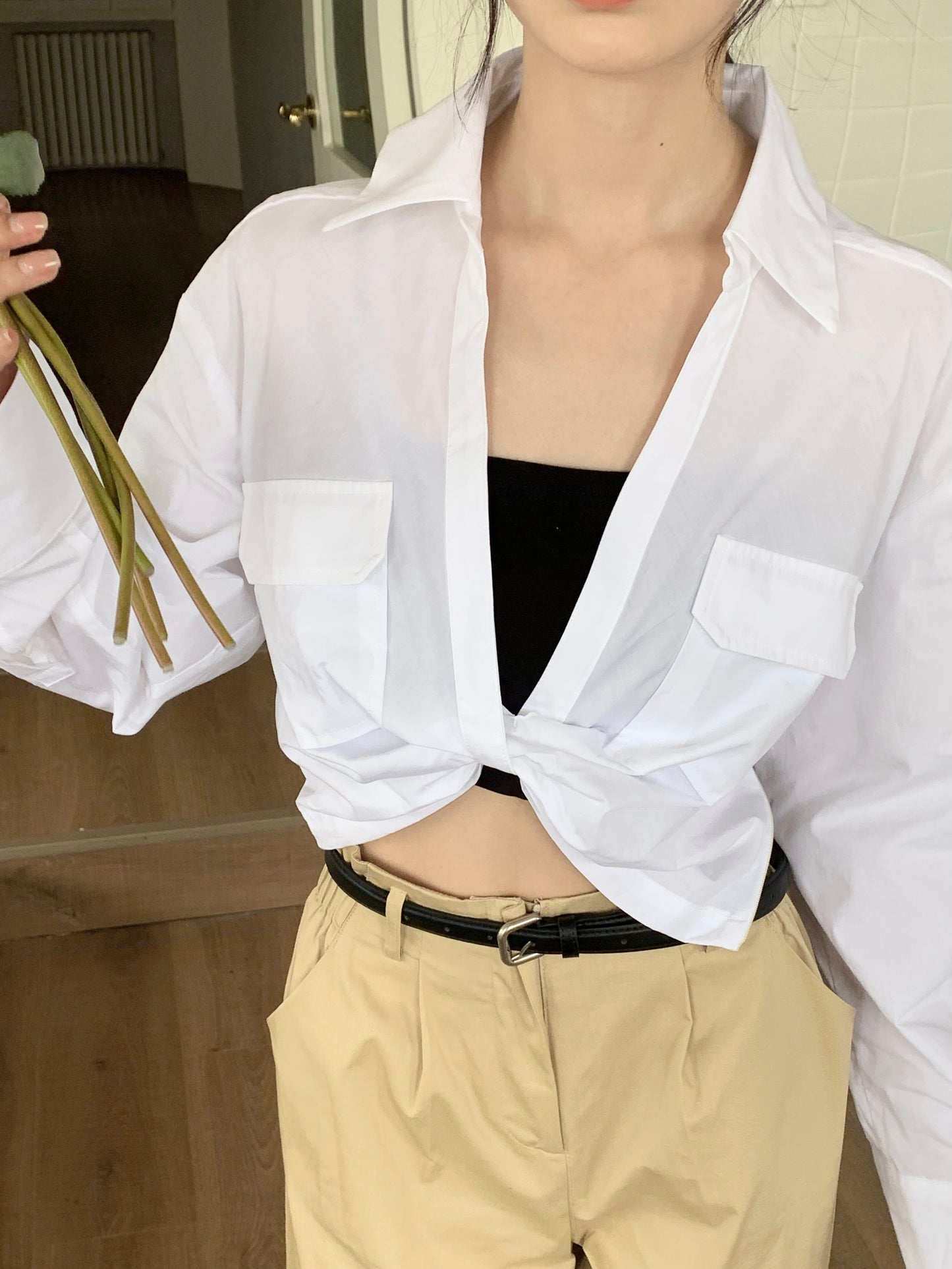 H01232 Double pocket twisted shirt