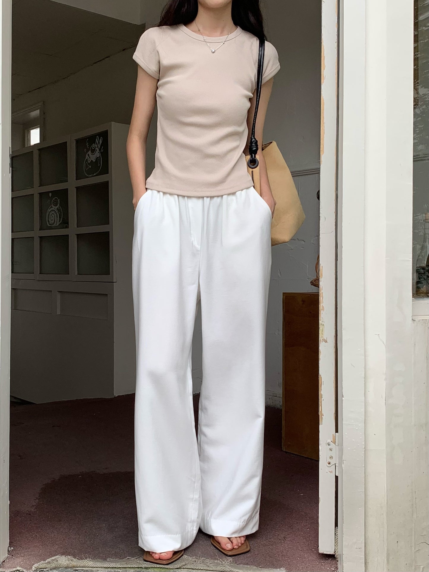 H02132 Slim elastic waist wide leg pants