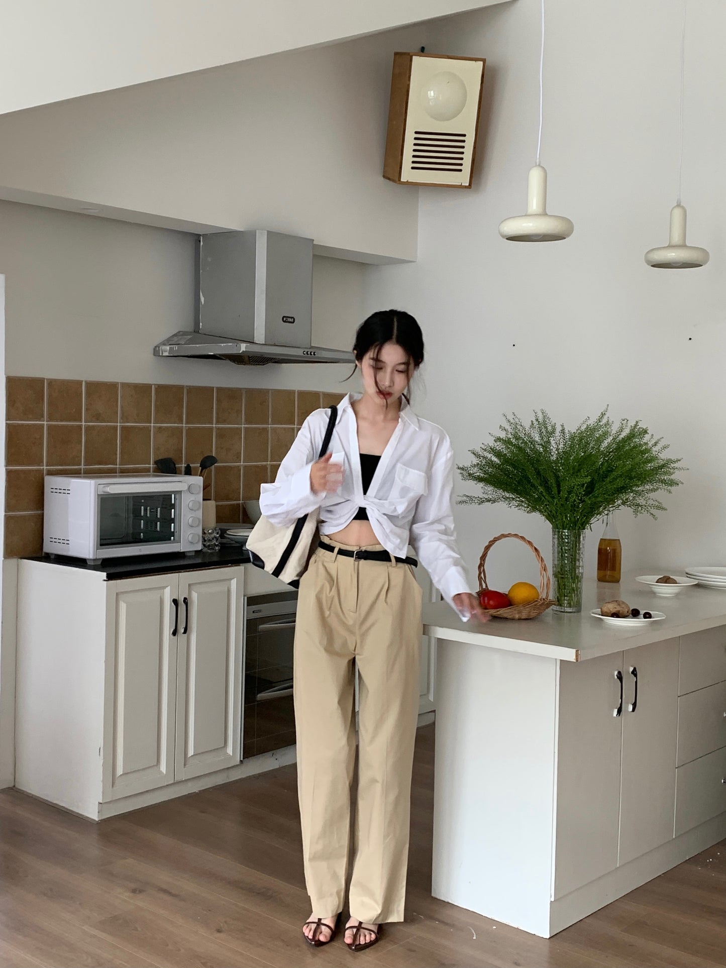 H01231 連皮帶直筒長褲