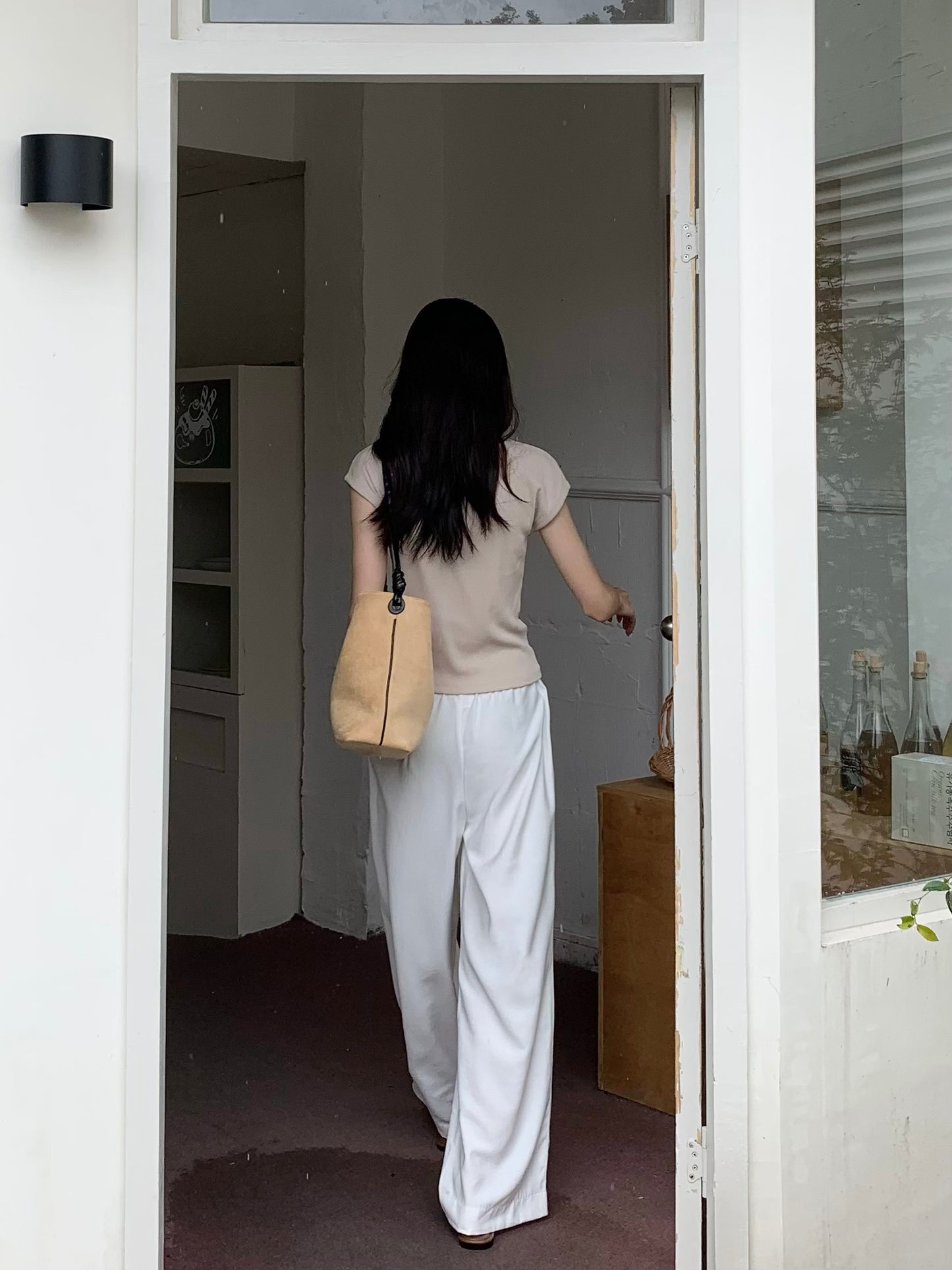 H02132 Slim elastic waist wide leg pants