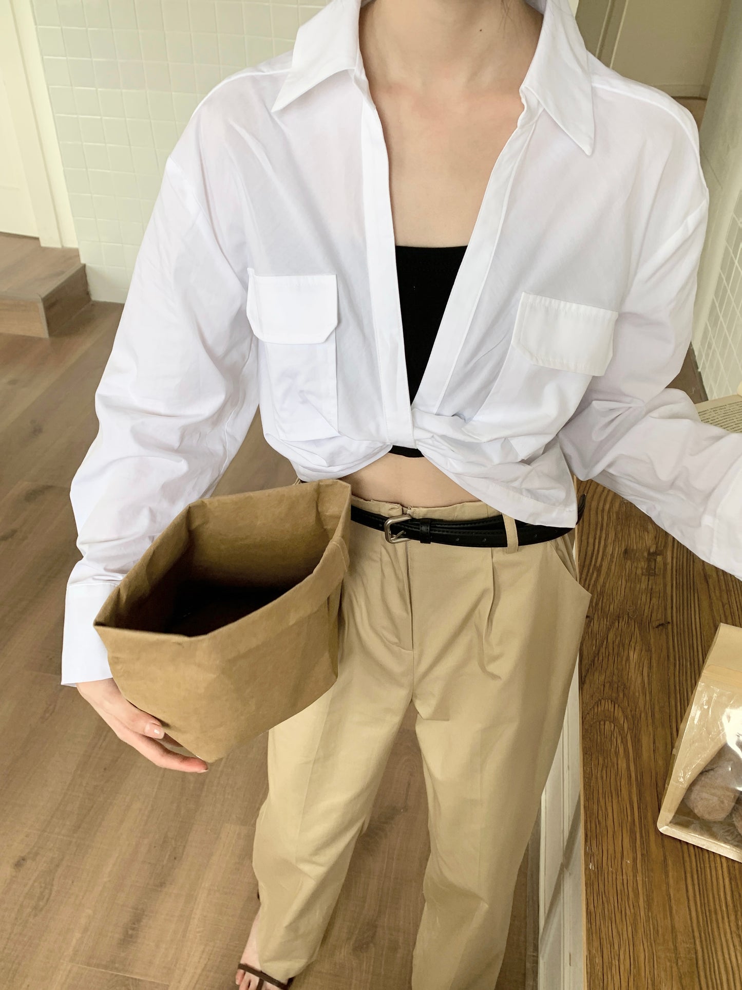 H01232 Double pocket twisted shirt