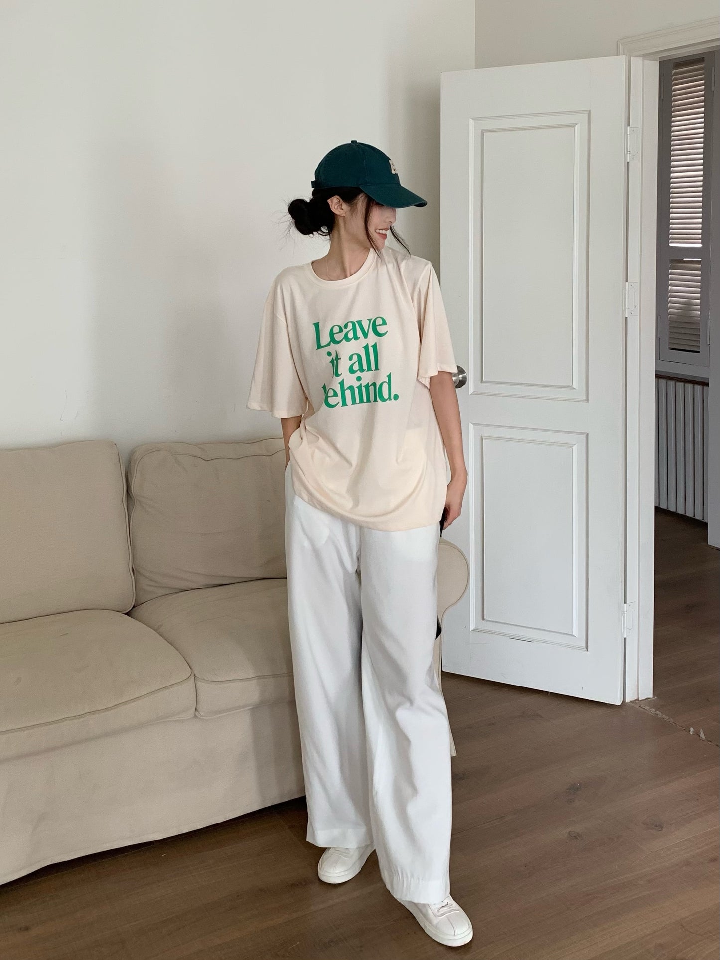 H02132 Slim elastic waist wide leg pants