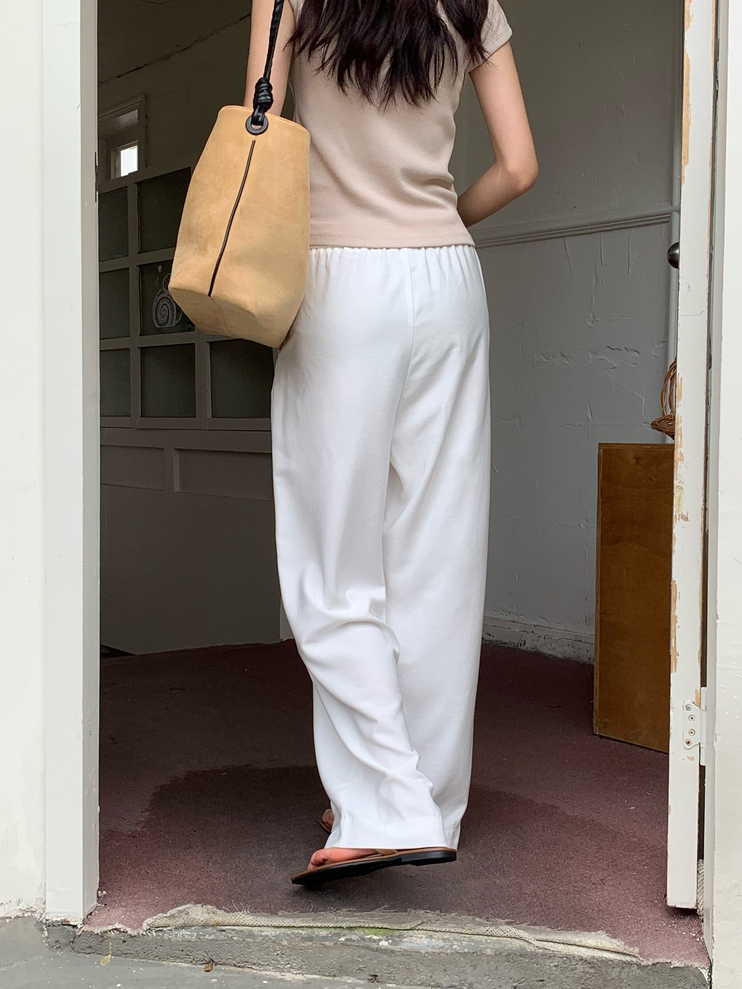 H02132 Slim elastic waist wide leg pants