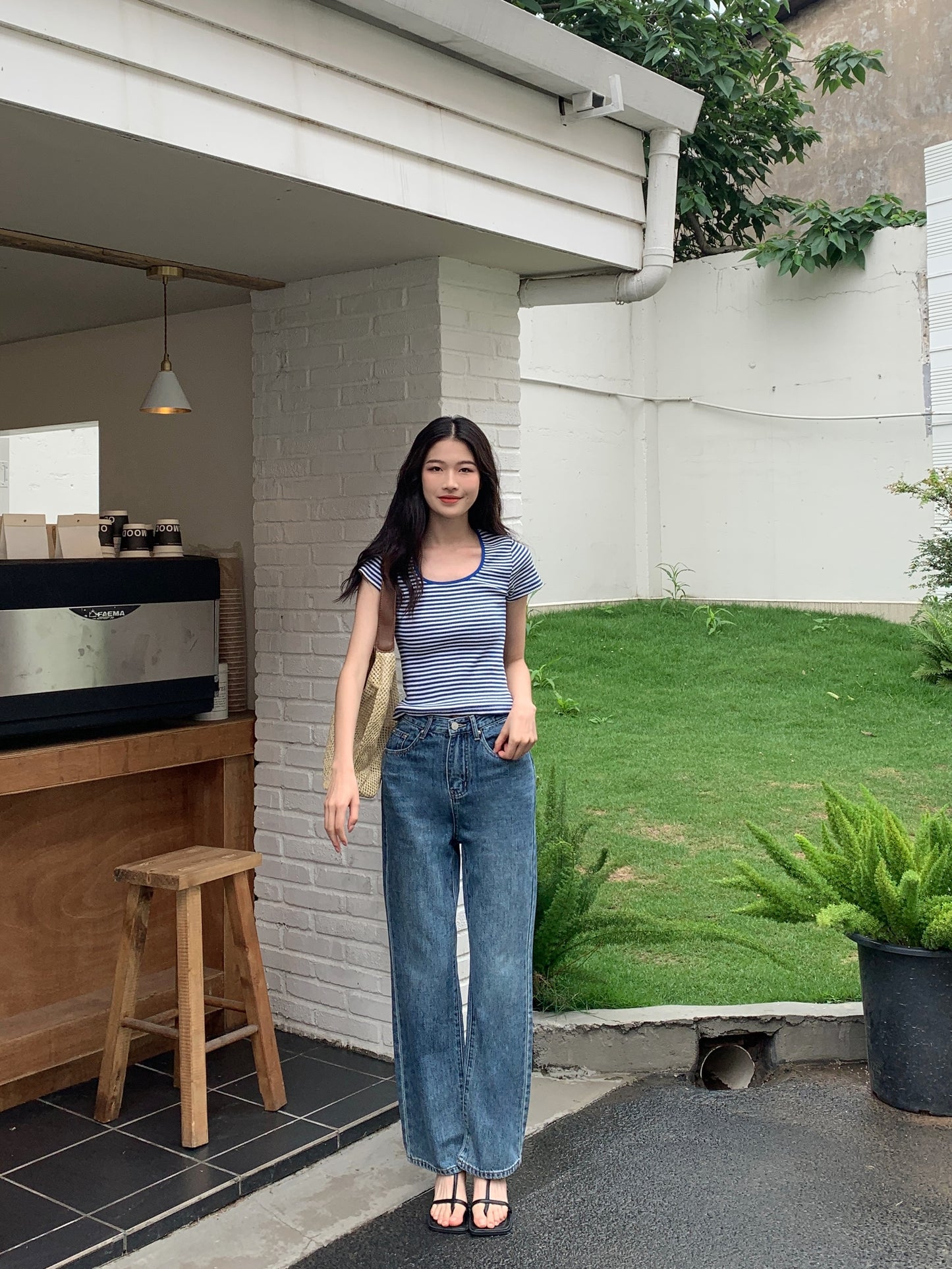 H01244 Bottom collar striped tee