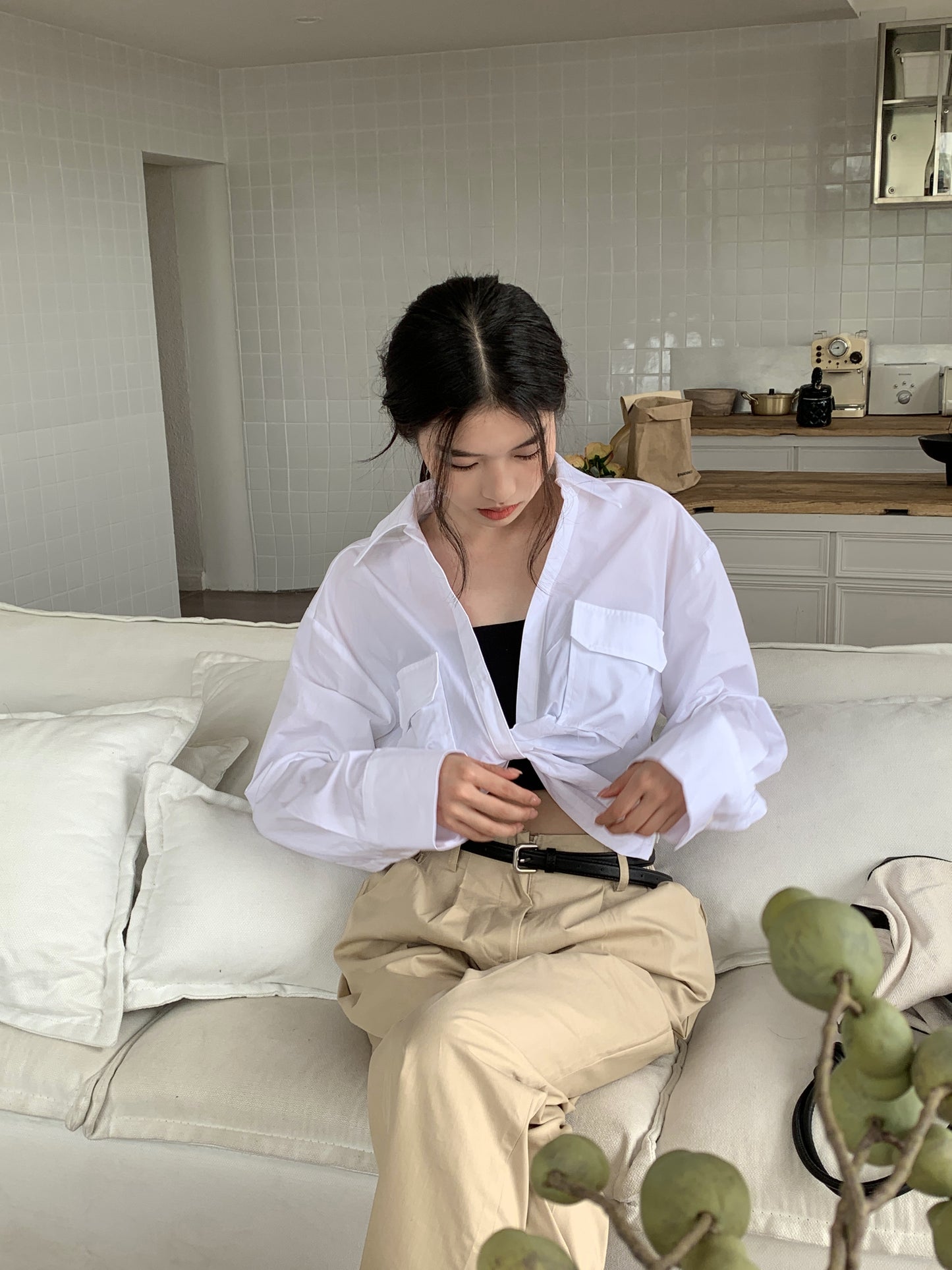 H01232 Double pocket twisted shirt