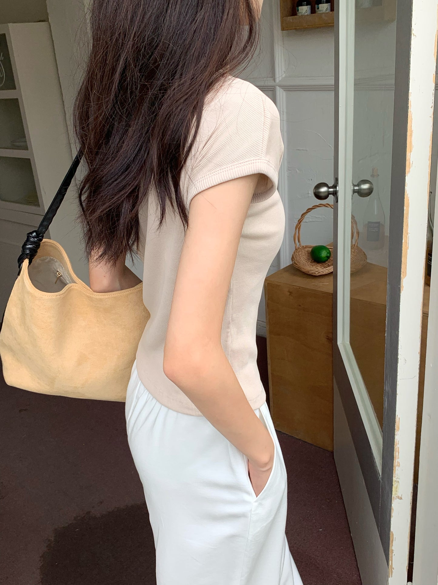 H02126 (recommended bag color ❤️) Slim-fitting half-sleeve elastic Tee