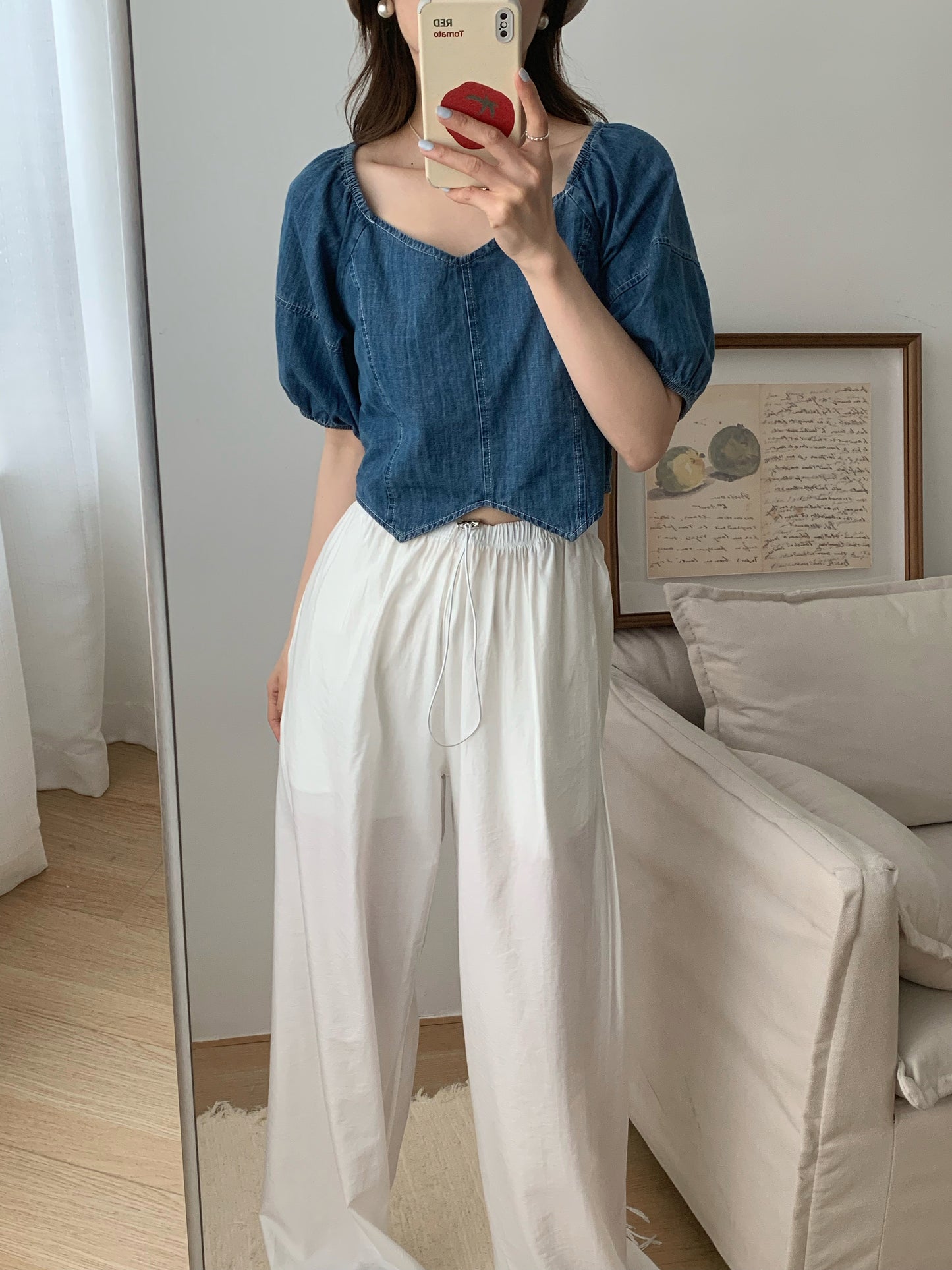 H01239 Off-shoulder denim top