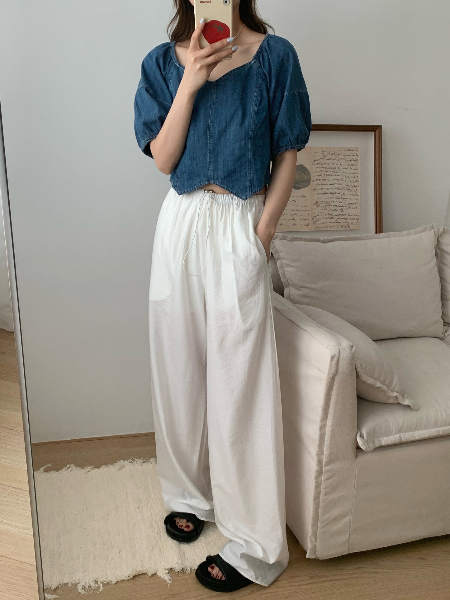 H01239 Off-shoulder denim top
