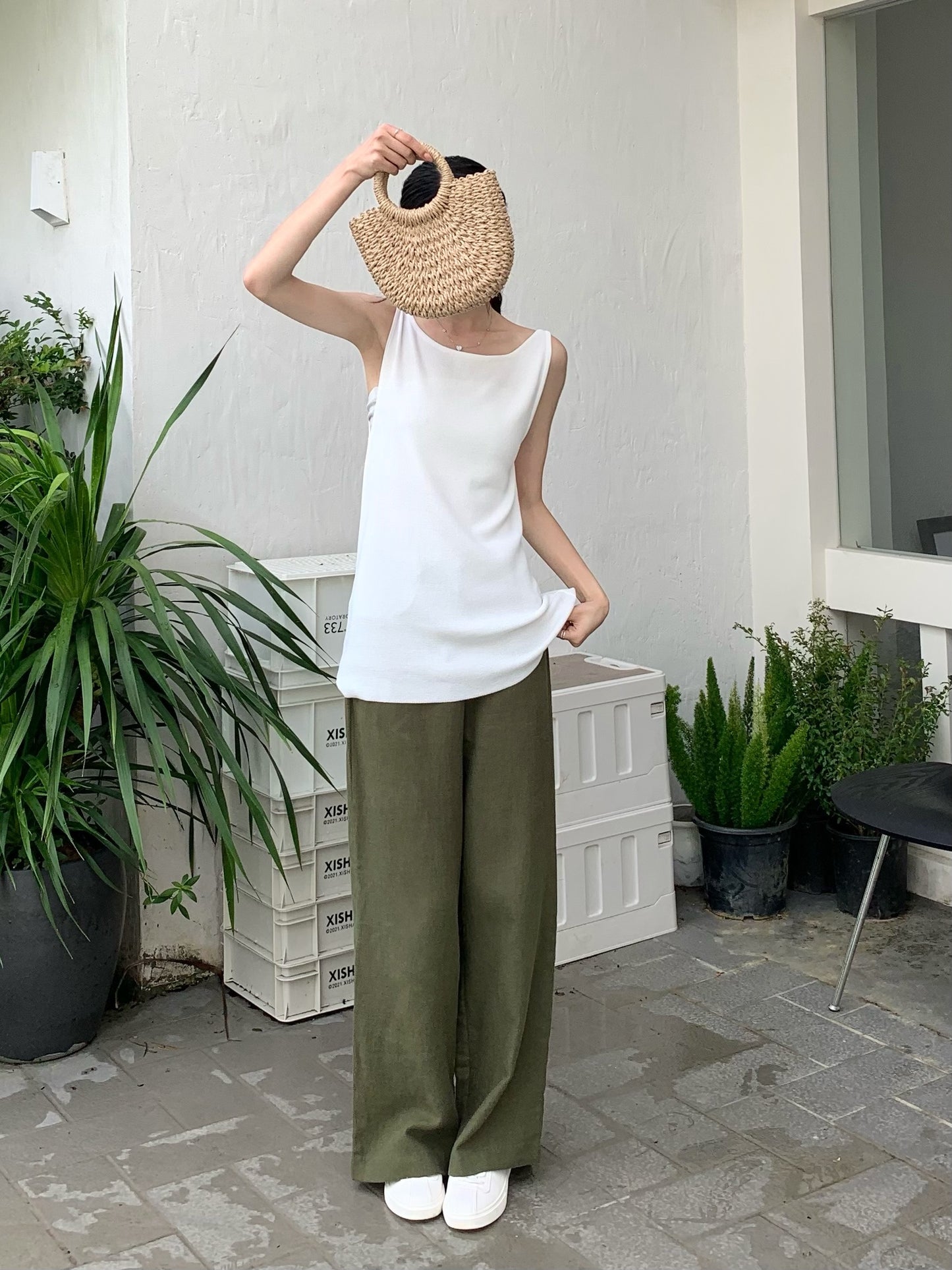 H02135 Cotton and linen wide-leg trousers